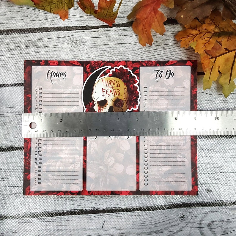 HOURLY PLANNER: Harness Your Fears Skull and Dahlia Flowers , Red and Black Skull Stationery , Skull and Floral Art , Skull Art , Floral Art image 3