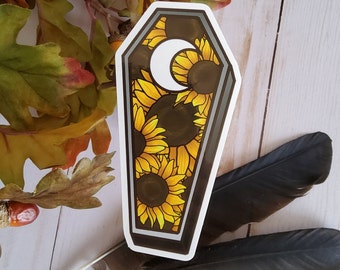 GLOSSY STICKER: Sunflower Coffin with Moon Die Cut Sticker , Sunflower Coffin Sticker , Sunflower and Moon Sticker , Coffin Floral