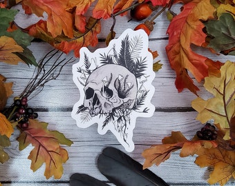 MATTE STICKER: Rebirth Skull and Mushroom Black and Grey Sticker , Skull and Ferns Sticker , Dark Aesthetic Skull Sticker , Skull Sticker