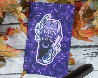 LAYFLAT NOTEBOOK: Become a Witch Worth Burning Coffin , Purple Coffin and Flames Art , Purple Witchy Layflat , Mental Health Stationery