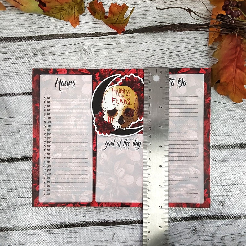HOURLY PLANNER: Harness Your Fears Skull and Dahlia Flowers , Red and Black Skull Stationery , Skull and Floral Art , Skull Art , Floral Art image 4