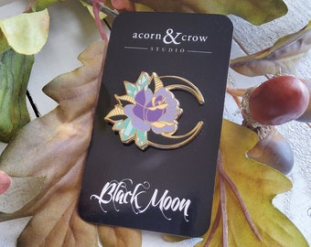 ENAMEL PIN: Black Moon and Rose , Crystal Moon Enamel Pin , Moon and Crystal Rose Enamel Pin , Crystal Rose Enamel Pin , Moon Rose Enamel