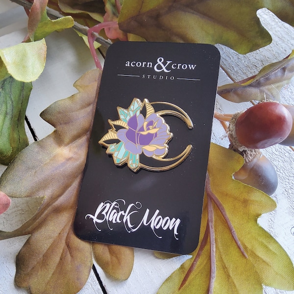 ENAMEL PIN: Black Moon and Rose , Crystal Moon Enamel Pin , Moon and Crystal Rose Enamel Pin , Crystal Rose Enamel Pin , Moon Rose Enamel