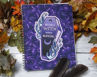 SPIRAL NOTEBOOK: 'Become a Witch Worth Burning' Coffin , Purple Coffin Spiral Notebook , Witchy Purple Coffin Notebook , Witchy Coffin