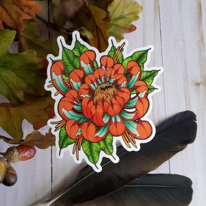 GLOSSY STICKER: Tattoo Style Teal and Orange Chrysanthemum , Chrysanthemum Sticker , Chrysanthemum Art , Floral Sticker , Floral Art Sticker