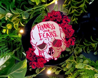 IRON ON PATCH : Harness Your Fears Patch , Skull Iron on Patch , Skull and Dahlias Art , Harness Your Fears Skull Patch , Iron on Patch