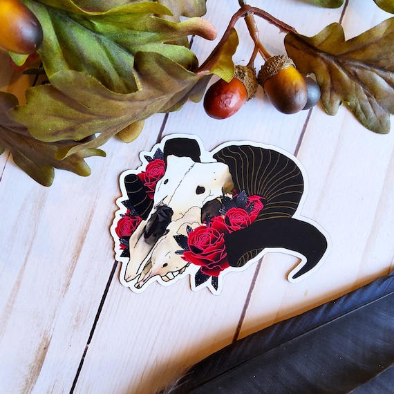 MAGNET: Ram Skull and Red Roses Decorative , Ram Skull Magnet , Skull and Roses Magnet , Skull Magnet , Skull Art Decorative Magnet