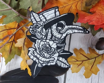 IRON ON PATCH : Plague Doctor Patch , Plague Doctor Iron on Patch , Traditional Plague Doctor Art , Plague Doctor and Roses Sticker , Plague