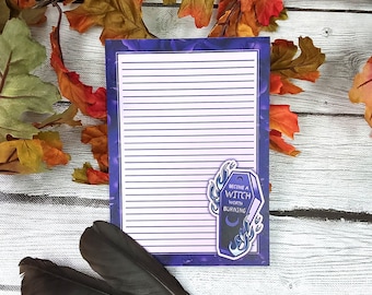 NOTEPAD: Become a Witch Worth Burning Purple Coffin and Flowers , Purple Coffin Stationery , Witchy Coffin Art , Witchy Art , Coffin Art