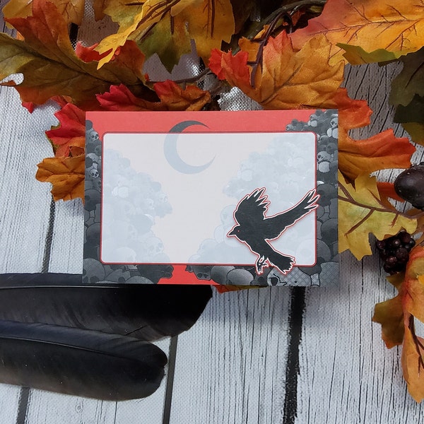 NOTECARDS: Crow and Skulls with Black Moon , Red Sky and Crow Notecards , Crow and Skulls , Red Sky Omen Double Sided Notecards