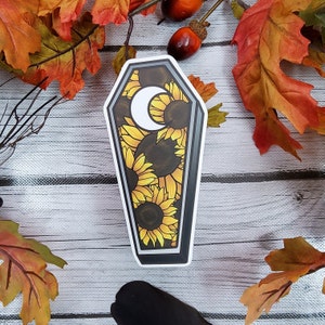 MATTE STICKER: Sunflower Coffin with Moon Cut Out Die Cut Sticker , Sunflower Coffin Sticker , Sunflower and Moon Sticker , Coffin Floral