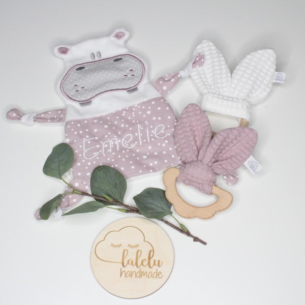 Birth gift set Schnuffelnhippferd crackling cloth baby personalized name + 1 grasping toy crackling ear