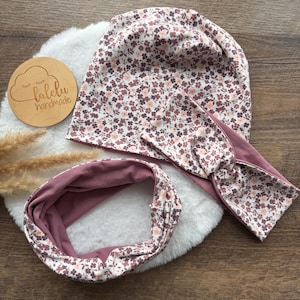 Mütze / Beanie Loop Set Winter Stirnband Haarband Kinder Baby Mädchen Blumen Rosa