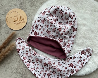 Mütze / Beanie Dreieck Tuch Schal Set Stirnband Haarband Kinder Baby Mädchen Blumen weiß bordo