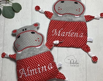 Schnuffeltuch mit Namen für Zwillinge, Drillinge Nilpferd Knistertuch Baby Kuscheltier personalisiert Name