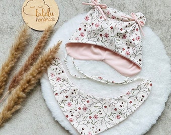 Öhrchenmütze DreiecktuchSet Stirnband Haarband Kinder Baby Mädchen Blüten rosa NEU