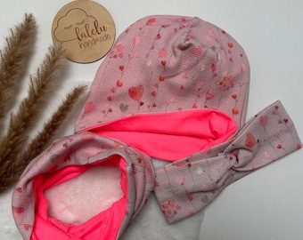 Hat / Beanie Loop Set Waffle Pique Headband Hairband Children Baby Girls Hearts Pink Neon NEW