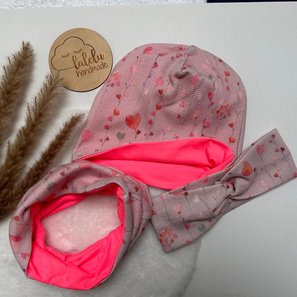 Mütze / Beanie Loop Set Waffelpique Stirnband Haarband Kinder Baby Mädchen Herzen rosa neon NEU