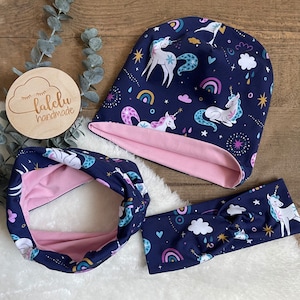 Unicorn / Unicorns Horse Hat / Beanie Loop Set Headband Hairband Children Baby Girls Blue / Pink