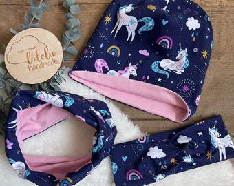 Unicorn / Unicorns Horse Hat / Beanie Loop Set Headband Hairband Children Baby Girls Blue / Pink