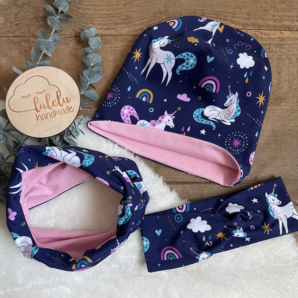 Einhorn / Einhörner Pferd Mütze / Beanie Loop Set Stirnband Haarband Kinder Baby Mädchen Blau / Rosa