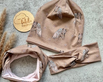 Mütze / Beanie Loop Set Stirnband Haarband Kinder Baby Mädchen Pferd / Pferde braun / beige / rosa NEU