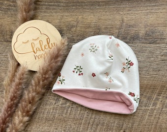 Baby hat, first hat girl flowers cream / pink