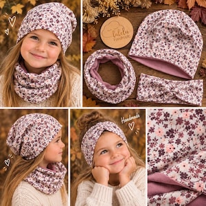 Mütze / Beanie Loop Set Winter Stirnband Haarband Kinder Baby Mädchen Blumen Rosa