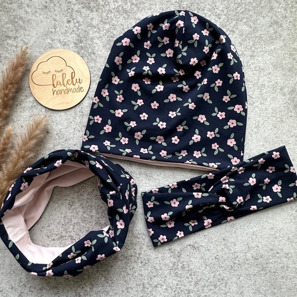 Hat / Beanie Loop Set Headband Hairband Children Baby Girls Autumn Winter Flowers Navy Pink NEW