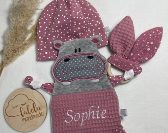 Baby Geschenkset Knistertuch, Mütze & Greifling rosa personalisiert Name