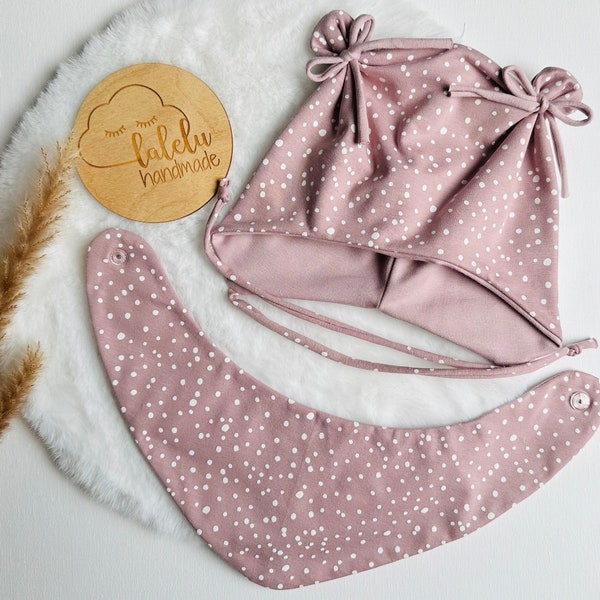 Dots / Punkte Öhrchenmütze Dreiecktuch Set Stirnband Haarband Kinder Baby Mädchen altrosa / rosa NEU