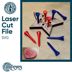 May include: A wooden star-shaped tic-tac-toe game with red and blue pegs. The game includes a heart-shaped game board and the text "Laser Cut File SVG".