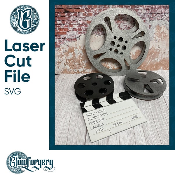 Movie Reel & Clapper Board Set / Digital Laser Cut SVG File / Glowforge / Home Decor / Vector