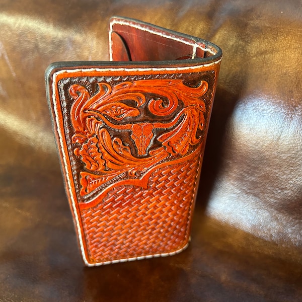Leather Roper Wallet, Hand Tooled, Genuine