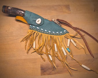 Damascus Steel Knife w/ Antler Handle | Handmade Full-Grain Leather Sheath with bone beads | Fixed Blade for Hunting, Camping & Outdoor Use