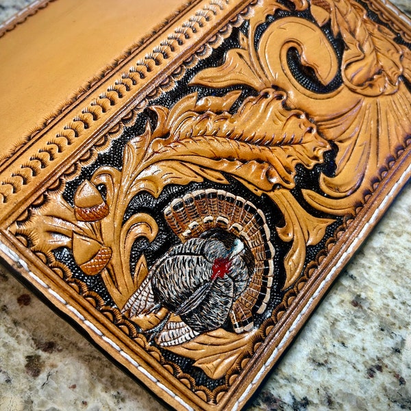 Leather Turkey Roper Wallet, Hand Tooled, Hand painted, Genuine