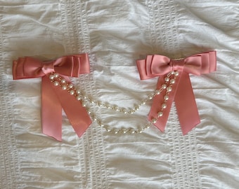 Pink Satin Hair Bow Clips with White Pearl Beading