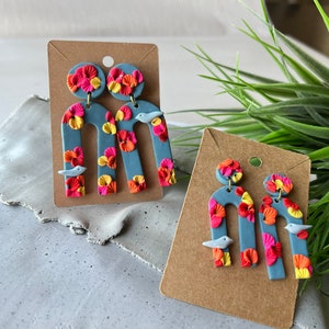 Bright, neon arched bluebird earrings/polymer clay earrings/colorful earrings/Mother’s Day gift/bright, bohemian floral earrings