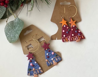 Mini Christmas Tree Earrings - polymer clay earrings - Christmas earrings - cute holiday hoop earrings