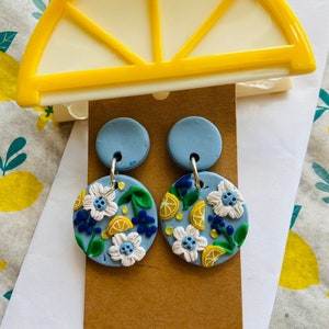 Betty Blue Cottagecore Lemon Earrings | Polymer Clay Earrings | 3D clay embroidered citrus floral earrings