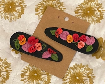 Vintage-Inspired Floral Hair Clips - Set of Two Handcrafted Black Barrettes