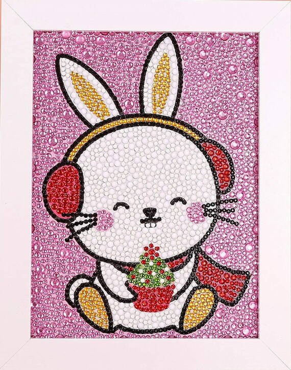 Maydear Small and Easy DIY 5d Diamond Painting Kits With Frame for Beginner  With White Frame for Kids 79 Inch christmas Bunny 