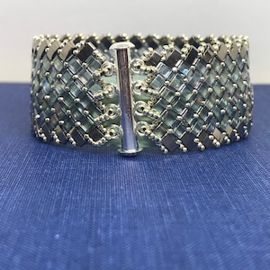 One Inch Wide Half Tila Beaded Bracelet, Flexible Bracelet, Herrinbone Pattern Half Tila Bracelet, translucent Gray and Silver