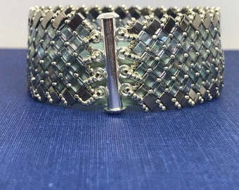 One Inch Wide Half Tila Beaded Bracelet, Flexible Bracelet, Herrinbone Pattern Half Tila Bracelet, translucent Gray and Silver