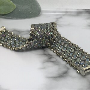 One Inch Wide Half Tila Beaded Bracelet, Flexible Bracelet, Herrinbone Pattern Half Tila Bracelet, Nickel Finish and Transparent Crystal