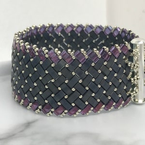 One Inch Wide Half Tila Beaded Bracelet, Flexible Bracelet, Herrinbone Pattern Half Tila Bracelet, Gray and Purple