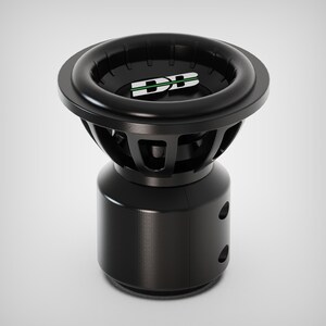 May include: A black subwoofer with a circular design. The top features the letters "DB" in white with a green stripe. The subwoofer has a cylindrical base with two circular openings. The overall design is sleek and modern.