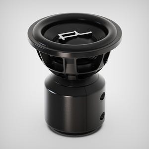 Può includere: Un subwoofer nero con un altoparlante circolare e una base cilindrica. L'altoparlante ha un bordo rialzato e un logo argentato. La base ha due aperture circolari. Il subwoofer è progettato per un audio di alta qualità.