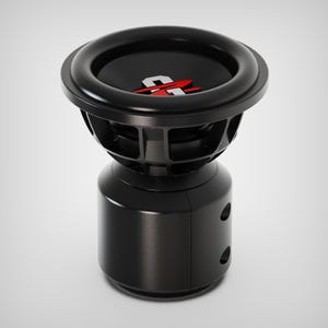 Może przedstawiać: Czarny subwoofer z okrągłym głośnikiem i cylindryczną podstawą. Głośnik ma czarną powierzchnię z czerwonym i srebrnym logo. Podstawa ma dwa małe, owalne otwory z boku.