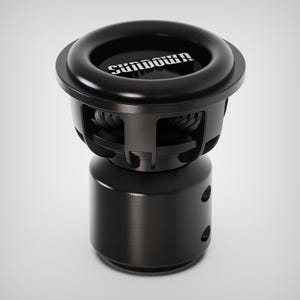Puede incluir: Un subwoofer Sundown negro con el nombre de la marca en blanco. El altavoz tiene un diseño circular con una base cilíndrica y múltiples orificios de ventilación. Diseñado para sistemas de audio de alto rendimiento.